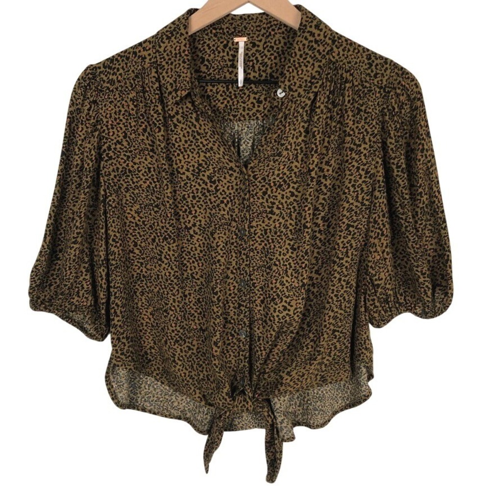 FREE PEOPLE Leopard Print Tie Front Button Down Puff Sleeve Top Sz S Brown